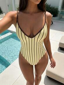 Bộ bikini liền thân kẻ sọc màu vàng dành cho nữ, trang phục đi biển thời trang cho mùa hè. - Màu vàng - Xem 2