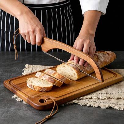 Bộ 1/2 thớt gỗ, thớt thái, thớt cắt bánh mì, thớt thái thịt, bộ thớt dùng để cắt bánh mì, trái cây, rau củ, thịt chín, phô mai, máy thái bánh mì, thích hợp cho chuẩn bị bữa ăn, phục vụ, trang trí nhà cửa, bày biện trà chiều, thớt đa năng, quà tặng Ngày của Mẹ, quà tặng cho người đam mê nấu nướng (Dao cắt bánh mì một lưỡi - chỉ đẩy)