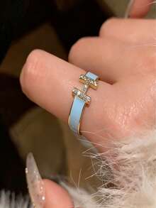 1枚珐琅滴油锆石优雅独特法式开口戒指，字母H设计，女士戒指 - H滴油戒指 - 查看 5