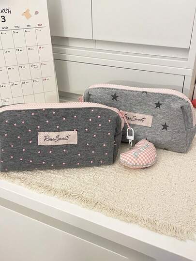 Gray-Pink Star Cute Portable Pencil Case, Large Capacity Student Stationery Bag, Makeup Organizer Bag - High-Quality Solid Color Anti-Fouling Large Capacity Student Stationery Storage Box, Fashionable Portable Durable, Fashionable Portable Small Pendant Style Pencil Case Decoration, Back To School Student Supplies, Desktop Organizer