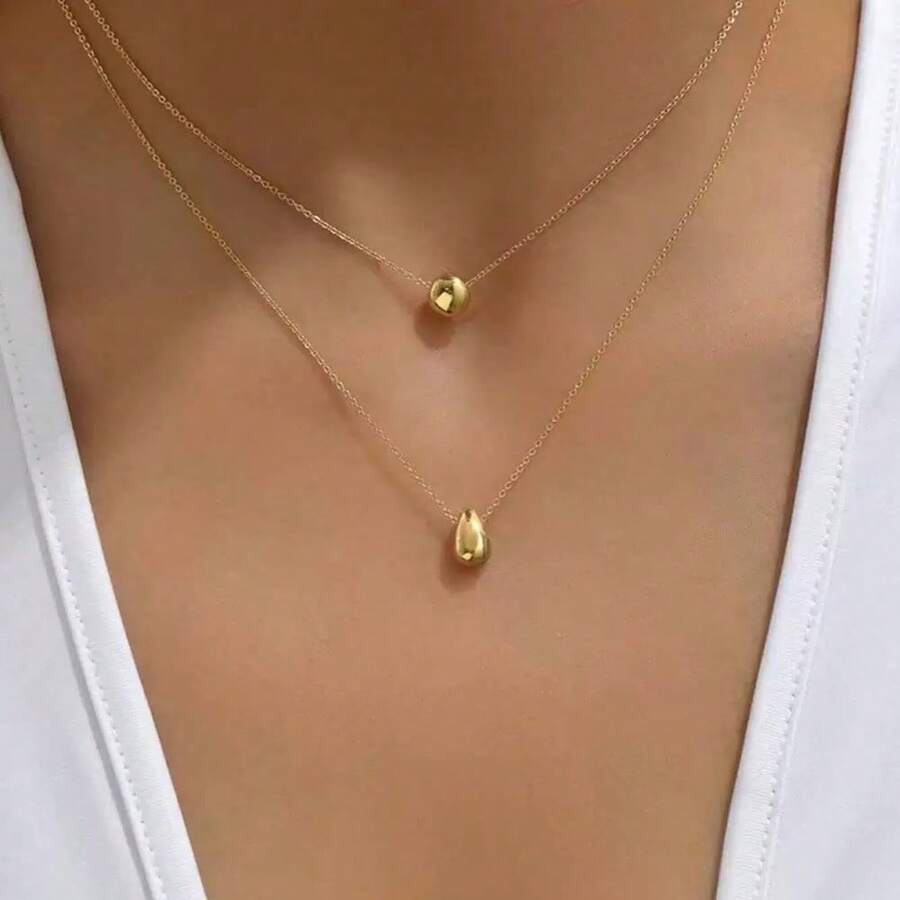 1 chiếc vòng cổ mặt dây chuyền hình giọt nước hai lớp tối giản màu vàng dành cho nữ, thích hợp cho mùa hè, tiệc tùng, hẹn hò, và cũng có thể dùng làm quà tặng. - vòng cổ đôi - Xem 1