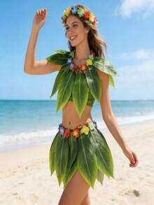 Váy lá Hawaii đi biển, váy cỏ xanh, trang phục Hawaii, đồ dùng dự tiệc mùa hè cho người lớn, phụ nữ và bé gái, lá 10 cạnh màu xanh lá cây (1 chiếc), lá 15 cạnh (1 chiếc). - váy lá vải - Xem 1