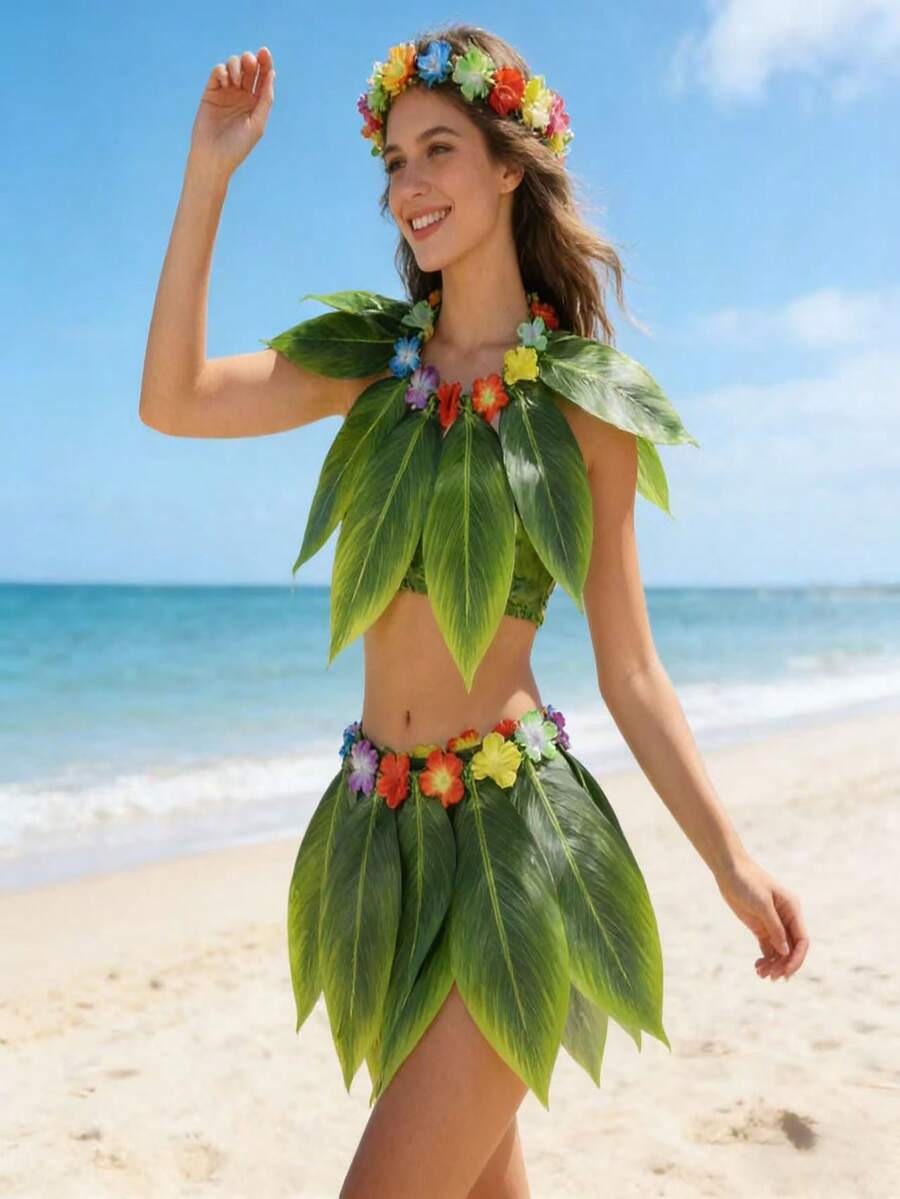 Váy lá Hawaii đi biển, váy cỏ xanh, trang phục Hawaii, đồ dùng dự tiệc mùa hè cho người lớn, phụ nữ và bé gái, lá 10 cạnh màu xanh lá cây (1 chiếc), lá 15 cạnh (1 chiếc). - váy lá vải - Xem 1