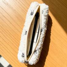 Bow Pencil Case Embroidered Faux Fur Pencil Bag, Student Stationery Storage Bag, Earphone Organizer, Coin Purse, Lipstick Holder, Red Packet Organizer, Ins Style Plush Cute Card Holder, Travel High-Quality Cosmetic Bag, Pendant Accessory, Multi-Function ID Card Key Holder - Beige - View 2