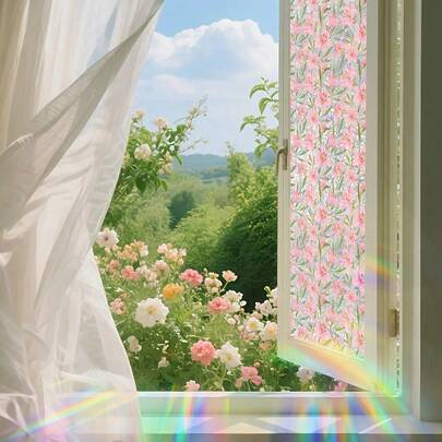 1 шт. Свіжа весняна романтична рожева лілія наклейка на вікно, підходить для ванної кімнати, вітальні та іншого домашнього декору, знімний та самоклеючий ПВХ матеріал