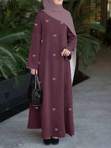 Robe ample à encolure ronde brodée de style moyen-oriental, robe de vacances à manches longues de design vintage à la mode pour le printemps - Lilas - Voir 2