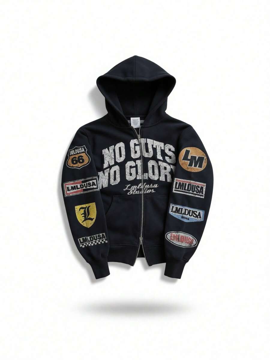 Men's Street Hip Hop Vintage Print Black Zip Up Casual Hoodie - 黑色 - 查看 1