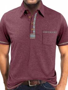Camisa polo de manga corta retro para hombre de talla grande, camisa casual de verano con bolsillo en el cuello - Burdeos - Ver 1