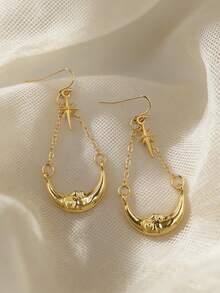 1 Pair Vintage Exotic Starburst & Crescent Moon Chain Earrings, Versatile Daily Wear For Women - Gold - View 7