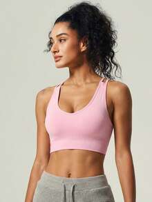 UONNOU Áo croptop không tay dành cho nữ, thiết kế hở lưng hình trái tim gợi cảm, lớp lót có thể tháo rời, áo tank top tập thể dục không đường may, thích hợp cho mùa xuân/hè. - Hồng - Xem 9