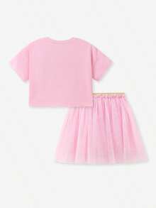 Bộ 2 món gồm váy ngắn tay cổ tròn bằng vải voan và áo thun dệt kim họa tiết ballet cho bé gái, thích hợp cho tiệc tùng và làm quà tặng. - Hồng - Xem 3