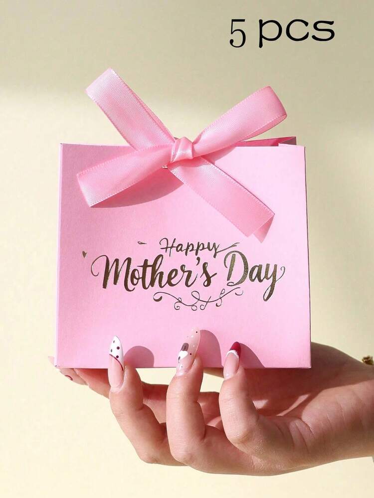 10pcs Mother's Day Gift Box, Compact And Elegant Candy Box, Pink And White Color Scheme, Gold Foil Printing, Decorated With Ribbon Bow, Suitable For Packaging Chocolates, Candies, Small Gifts And Party Favors. - View 10