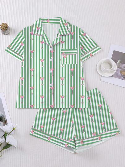 HOREA 2pcs Women's Sleepwear Set, Green Striped Wine Glass Print, Comfortable Shirt Collar Short Sleeve Top And Elastic Waist Shorts, Suitable For Parties, Casual Outdoor And Home Wear