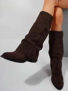 Suede Knee-High Boots For Autumn/Winter, French Style With Chunky Heel And Pointed Toe. Ref 9002 - 咖啡棕 - 查看 5