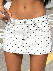 Women Summer Mini Jean Skirts Casual Dots Print Denim Skirt For Beach Vacation Club Streetwear - 白色 - 查看 1