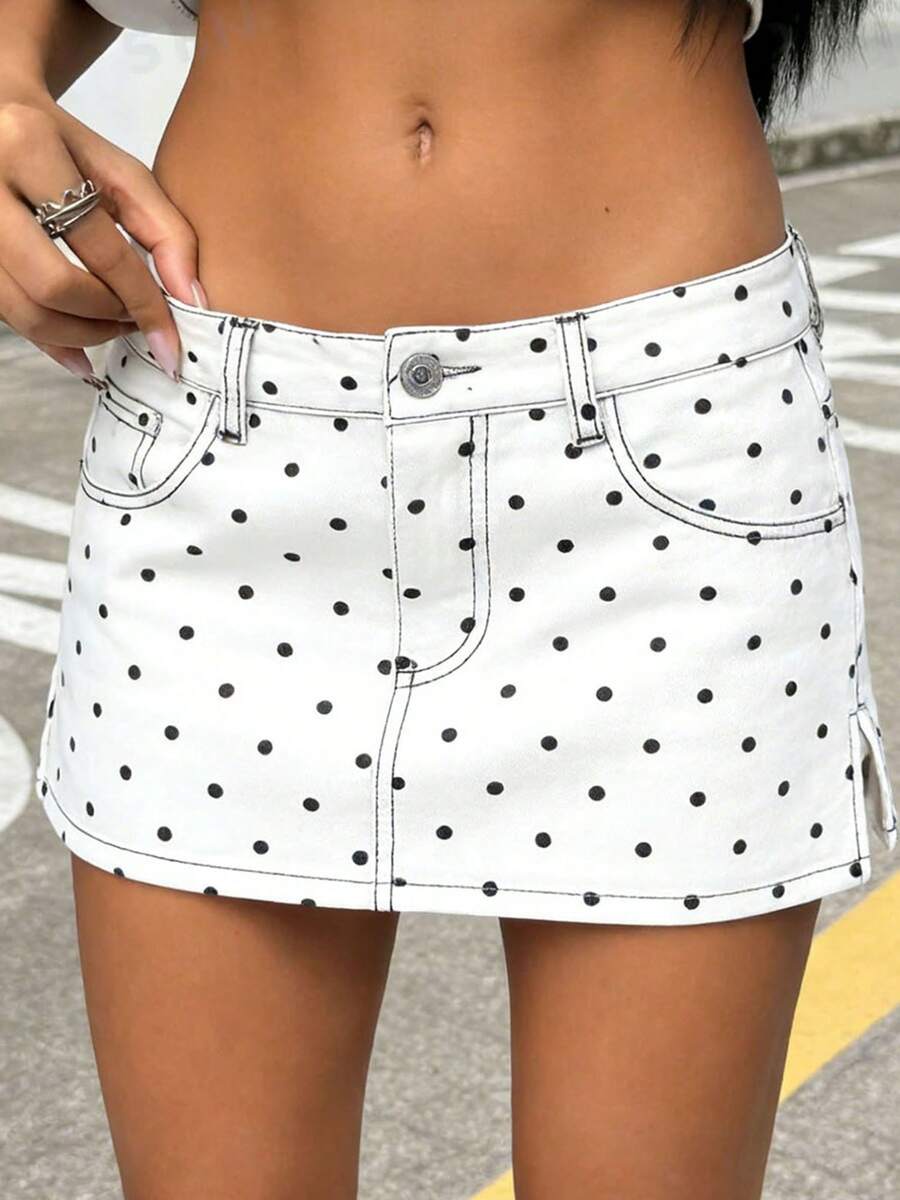 Women Summer Mini Jean Skirts Casual Dots Print Denim Skirt For Beach Vacation Club Streetwear - 白色 - 查看 1