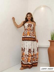 RAINBOW Strapless Long Dress Plain Printed Viscose Cheap Size 36-42 With Elastic Casual Elegant Women's For Versatile And Comfortable Looks - 65-B/棕色 - 查看 4
