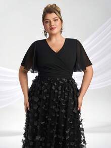 YISIKADO Plus Size Women's 3D Floral Premium Evening Gown With Bow Short Sleeve V-Neck Long Dress Elegant Formal Evening Party Wedding Guest Summer Dress - Black - View 6