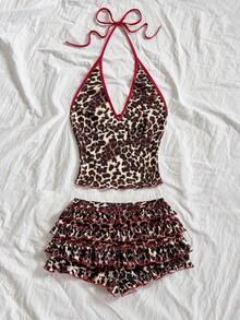 Women's Sexy Leopard Print Halter Top And Shorts 2 Pieces Set, Summer,Women's Summer Set, - Nhiều màu - Xem 6
