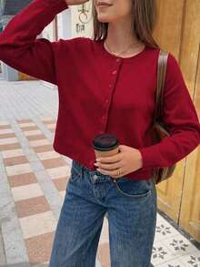 FOR BEAUTY Autumn New Solid Color Round Neck Single-Breasted Long Sleeve Knit Cardigan, Gentle, Elegant, Romantic, Casual, Lazy, Fashionable, Minimalist Versatile, Suitable For Outings, Valentine's Day Dates, Commuting And Various Occasions.This Cardigan Is An Ideal Choice For Women's Spring Wear. - Đỏ - Xem 3