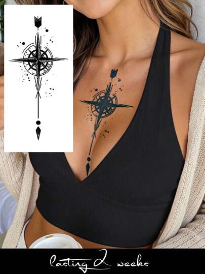 Temporary Tattoo Stickers, Abstract Dark Compass Rose Pattern, 1-2 Weeks Waterproof Fade-Resistant, Suitable For Chest, Waist, Abdomen, Thigh, Shoulder, Neck, Collarbone, Natural Plant Ingredients, Suitable For Y2K Music Festival, Valentine's Day, Carnival, DIY Party Holiday Gifts