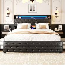 Gunji Queen LED Bed Frame With Charging Station And 4 Storage Drawers,  Upholstered Faux Leather Platform Bed With Wingback Headboard, Metal Frame With No Box Spring Needed, Black - Black - View 8
