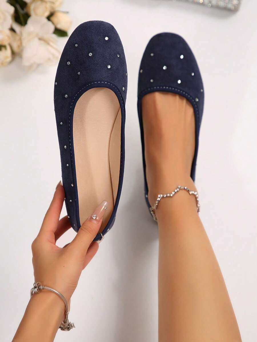 星光海军蓝绒面革水钻平底鞋，欧美风格通勤百搭尖头女式平底鞋 - 藍色 - 查看 1