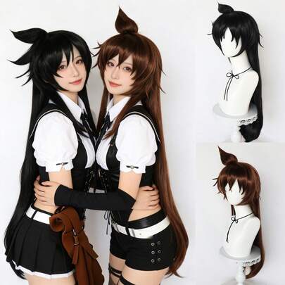 Anime Cosplay Wig With Spiky Top Knot & Extra Long Straight Hair – Heat Resistant Synthetic Hair Wig For Women, Available In Black & Brown, Perfect For Daily Wear, Holiday, Cartoon Character Costume, Comic Con And Themed Parties – Pre-Styled, Natural Layered Look, Full And Thick, Easy To Wear