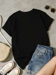 Camiseta de manga corta con cuello redondo suave y casual para mujer, estilo retro hip hop con estampado del personaje . - Negro - Ver 3