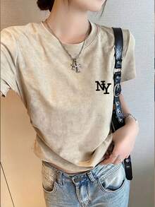 Casual Letter Print Fitted Short Sleeve T-Shirt, Versatile For Spring/Summer, Japanese Style - Apricot - View 1