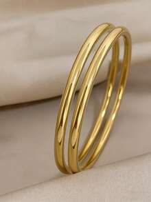 1 Pair Of Stainless Steel Vintage Classic Plain Bracelets, Stackable, Simple And Fashionable Accessories, Cuff Bracelets, Elegant, Non-Fading, Suitable For Daily Wear, Gift-Giving, Seasonal Jewelry, Versatile Style - Gold - View 8
