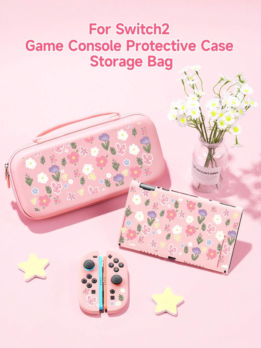 Cute Pink Floral Pattern Compatible Accessories Set For Switch2 (2025)/Switch NS/Switch OLED, Including Protective Case/Storage Bag, TPU Soft Shell, Stylish And Practical, Portable Stand, Portable Travel, Anti-Fall, Anti-Scratch, Anti-Fouling, Fashionable Romantic Gift - Multicolor - View 1