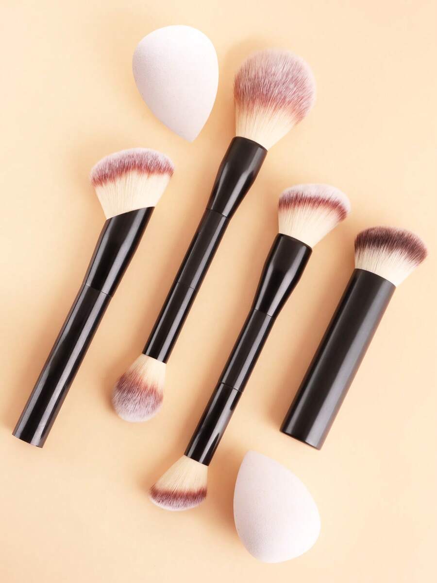 4pcs Double-Ended Makeup Brush Set, Powder Blush Contour Eye Shadow Brush, Multi-Purpose Makeup Brushes + 2pcs Makeup Sponges, Cosmetic Tools - Multicolor - View 1