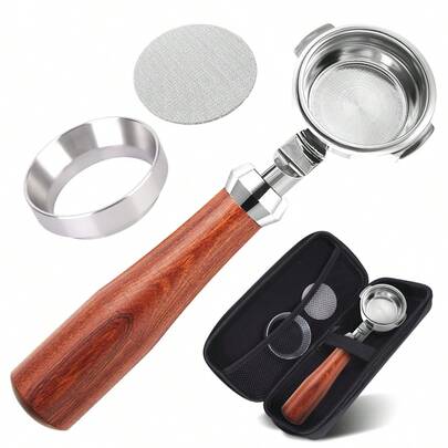 58mm 无底手柄套装，包含量杯、漏斗和压粉器，双出水嘴 - 兼容 Oracle、Oracle Touch、双锅炉 BES980XL、BES990BSS、BES920XL - 不适用于 E61 冲煮头 - 配有压缩式滤篮和木质手柄