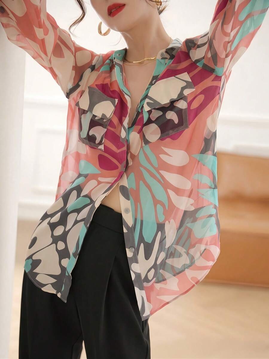 YUXIN 女士复古抽象印花雪纺衬衫，实用口袋，宽松长袖，适合办公室、休闲日常穿着，轻盈透气，春秋季上衣，粉色