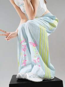 JUTU 春夏宽松版型浅蓝色和黄色拼接抽绳直筒裤，时尚条纹撞色蝴蝶涂鸦印花休闲轻便跑步运动裤，2026新款女装 - 0B47淺藍拼黃-YH1072右下 - 查看 4
