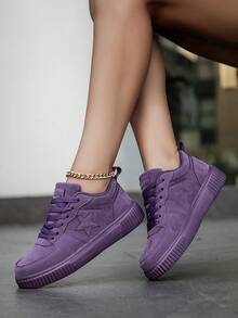 2026 Women's Sweet Style Pink Suede Sneakers With Star Decoration Lace-Up Thick Sole Comfortable Casual Shoes For Daily Wear Fashionable Girl - 紫色 - 查看 4