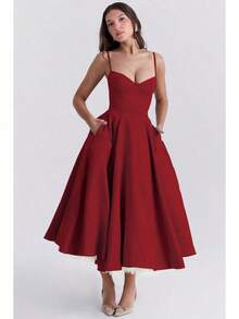 Women's Elegant Double Layered Flowy Dress, Classic Full Skirt A Line Swing Midi Gown, Lightweight Premium Casual Formal Dress, Modest Chic Party Wedding Guest Bridal Shower Evening Daily Outfit S-2XL - 紅色 - 查看 4