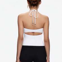 Women's Yoga Vest With Chest Pads, Beautiful Back, Halter Neck, Tie Strap, Sports Fitness Dance Training Top - Black - View 7