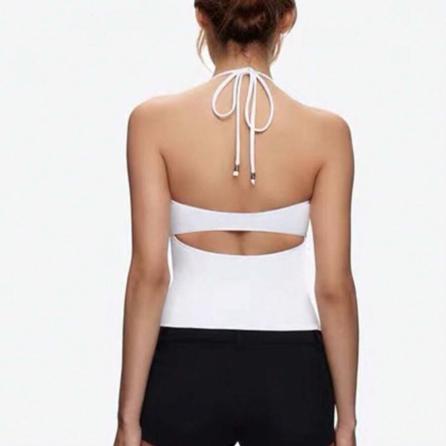 Women's Yoga Vest With Chest Pads, Beautiful Back, Halter Neck, Tie Strap, Sports Fitness Dance Training Top - 白色 - 查看 1