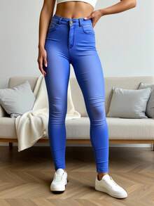 Jeans Ajustados De Mezclilla Talle Alto Con Bolsillos- Jeans de Mezclilla Cintura Alta Corte Slim - Azul Índigo, Tallas Regulares - Claro #35 - Ver 1