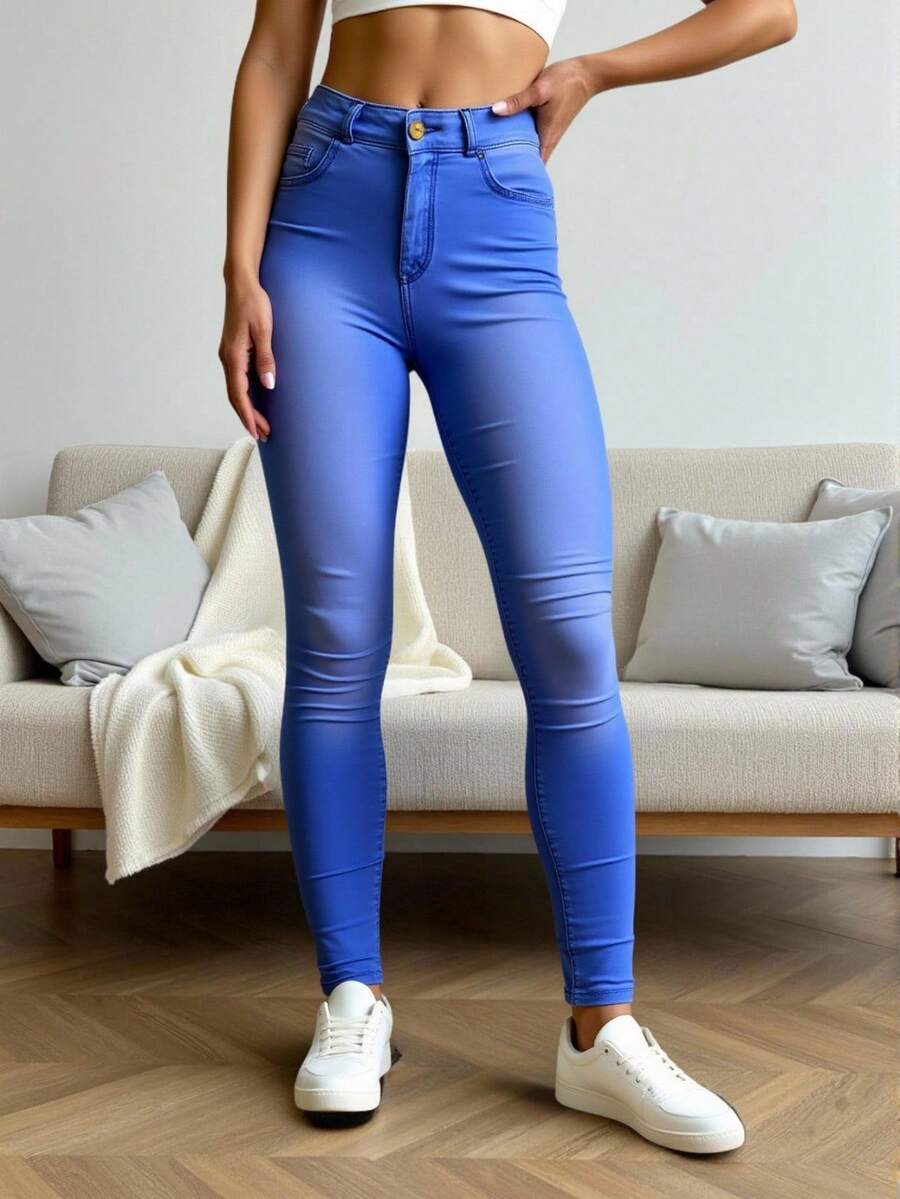 Jeans Ajustados De Mezclilla Talle Alto Con Bolsillos- Jeans de Mezclilla Cintura Alta Corte Slim - Azul Índigo, Tallas Regulares - Claro #35 - Ver 1