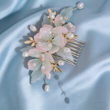 Lược cài tóc hoa ngọc trai thủ công cổ điển thanh lịch, phụ kiện đội đầu cô dâu trong đám cưới. - Hồng - Xem 3