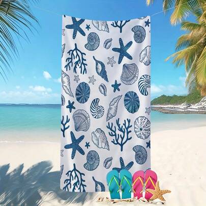 1 chiếc khăn tắm biển ngoài trời họa tiết san hô, sao biển, vỏ sò - Siêu thấm hút và cực nhẹ, nhanh khô và mềm mại, thoải mái, thích hợp cho bơi lội, chạy bộ, đi biển.