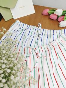 2pcs Women's Lightweight Striped Print Loose Casual Shorts, Suitable For Spring/Summer Wear - Multicolor - View 3