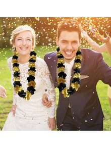 2pcs Halloween Black & Gold Party Garland Birthday Photo Prop Set, Black & Gold Floral Hawaiian Garland Necklace, Fun Selfie Accessory To Capture Unforgettable Moments - Suitable For Birthday, Wedding, Halloween Costume Party Decoration, Neck Garland - Ideal Choice For Bachelorette Party Events - Multiple Styles - View 4