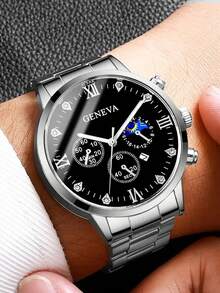 Bộ quà tặng "Phong cách công sở" 4 món của GENEVA: Gồm đồng hồ nam quartz dây thép đen bạc hiển thị chu kỳ mặt trăng, vòng tay mắt xích kiểu , dây chuyền hình thánh giá và nhẫn xoắn. Đồng hồ có mặt số đen bóng bẩy với chữ số La Mã và thiết kế ba mặt số phụ hiển thị chu kỳ mặt trăng; dây thép bạc được đánh bóng toát lên vẻ mạnh mẽ, nam tính. - Bạc - Xem 2