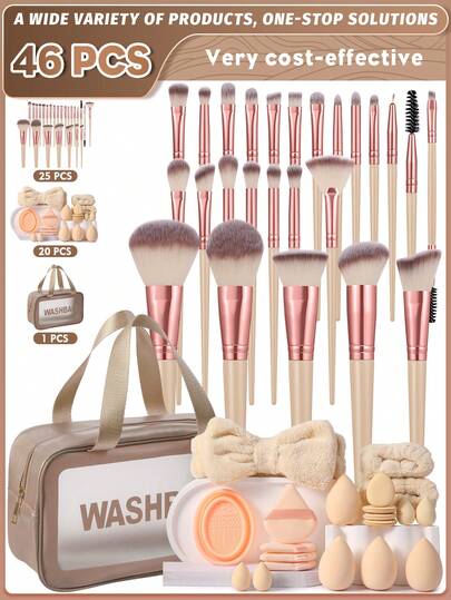Bộ dụng cụ trang điểm 8/20/25/46 món bao gồm: 1 túi đựng mỹ phẩm và đồ dùng cá nhân đa năng có khóa kéo chống thấm nước + Bộ 25 cọ trang điểm + 4 bông mút trang điểm + 4 bông mút trang điểm mini + 4 bông phấn tam giác + 4 bông phấn dạng cushion mini + 1 băng đô cài tóc + 2 dây đeo bát trang điểm + 1 dụng cụ vệ sinh cọ trang điểm