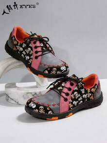1 Paar TMA EYES Damen handgefertigte bestickte Schädel- und Knochen-Kontrast-Farbschnürung Flache Lässig Schuhe mit rundem Zehenbereich, Punk Street Y2K Stil, Alltagsverkehr, Cosplay, Frühling/Herbst - Schwarz - Übersicht 2