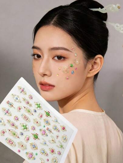 1pc Gilded Gem Face Decor Sticker, Waterproof , Complements Traditional Chinese Makeup And Hanfu Outfits, Ideal For Stage Performance Facial Makeup Decoration